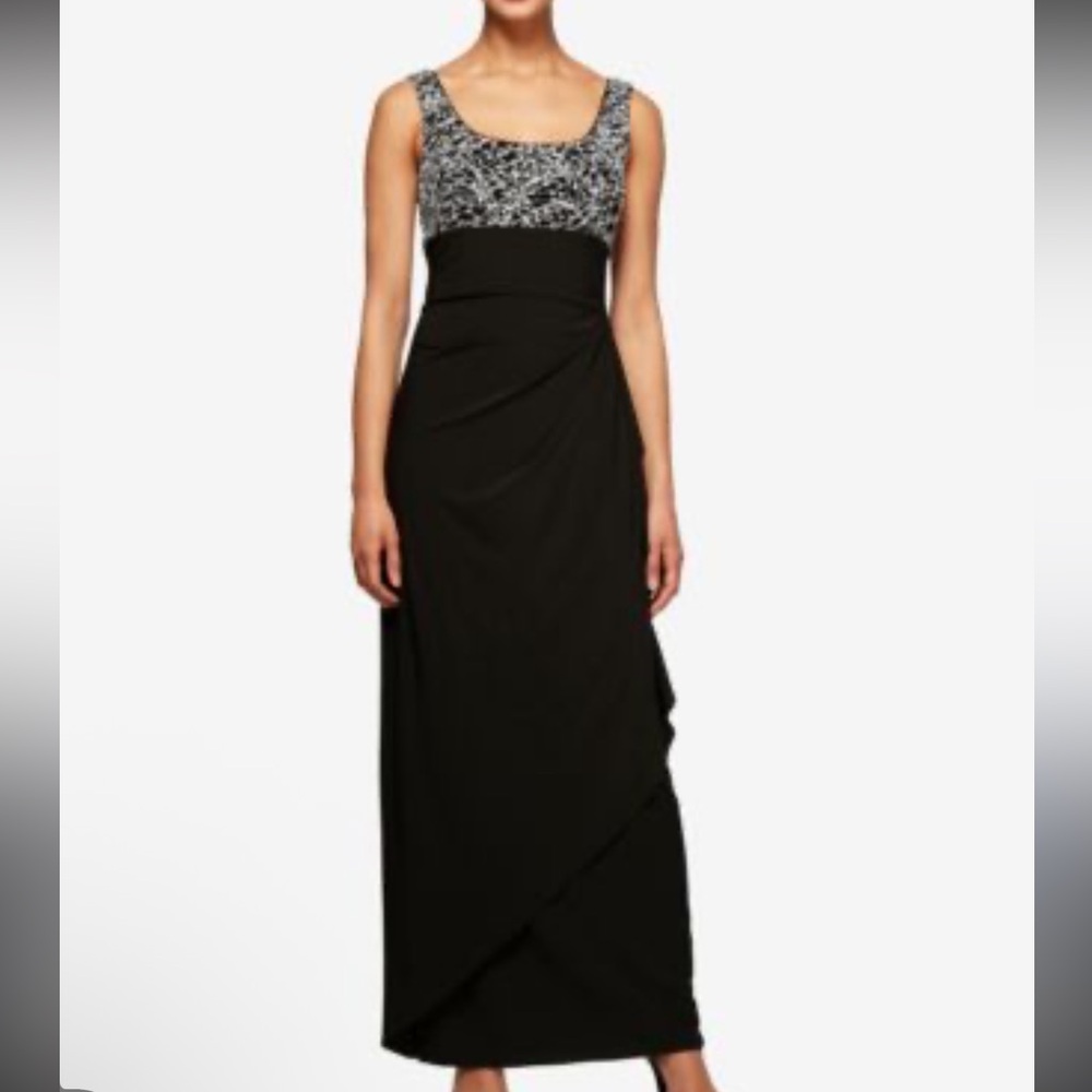 NEW Alex Evenings Formal Maxi Gown Black & Silver Sparkle Glitter Size 16‎
